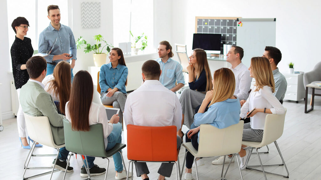 Employees taking crises management training in the workplace