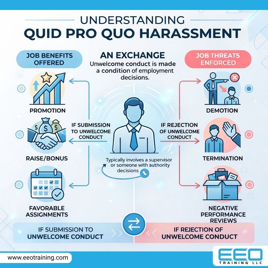 user-inserted Infographic explaining quid pro quo harassment showing job benefits for submission and threats for rejection