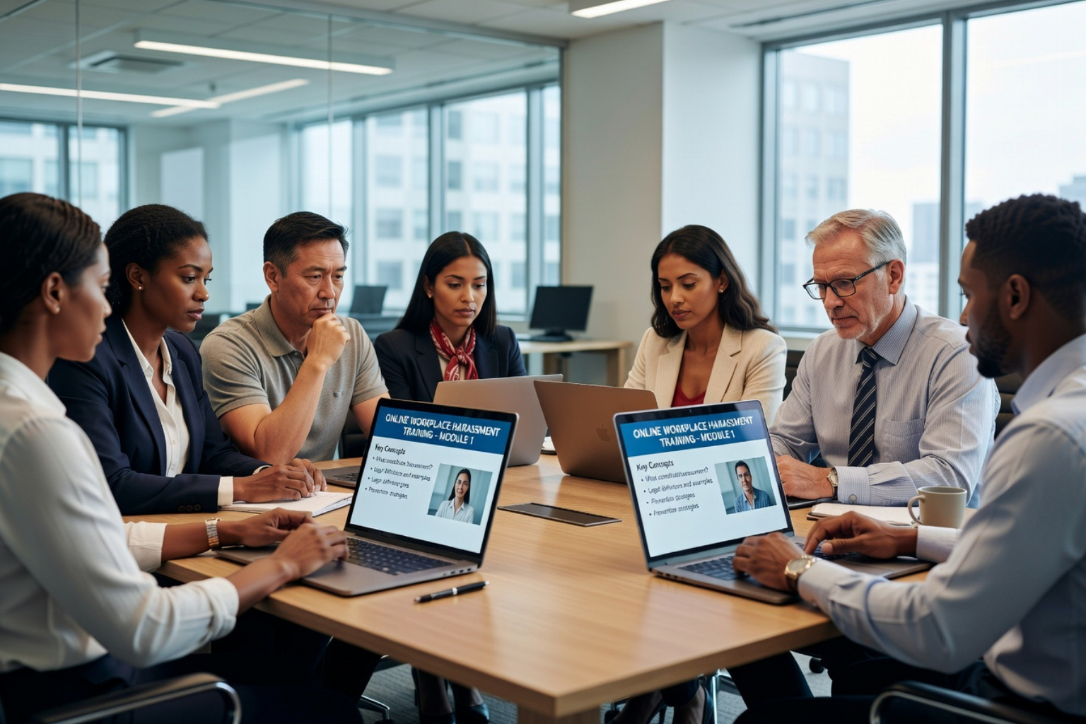 user-inserted A diverse group of six professionals in business attire are attentively participating in an online workplace harassment training session using laptops in a modern conference room.